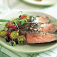 Herb-Crusted Flank Steak with Cherry Tomatoes and Olives